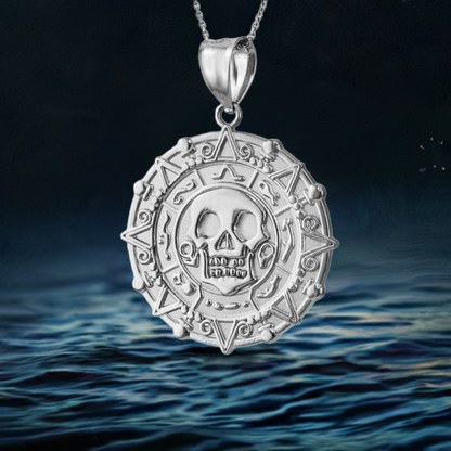 Sterling Silver Aztec Coin Pirates of The Caribbean Skull Medallion Pendant Necklace