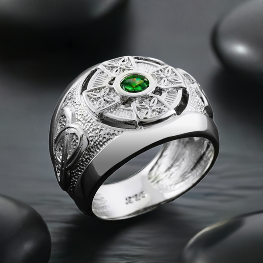 Sterling Silver Green CZ Mens Celtic Statement Ring