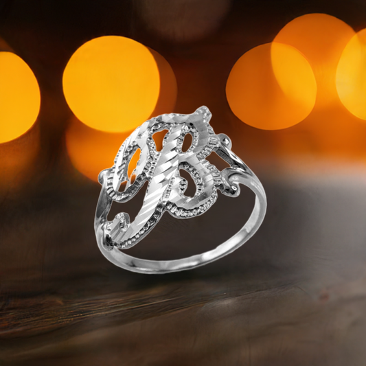 10K White Gold Sparkle-Cut Letter Initial Script Ring