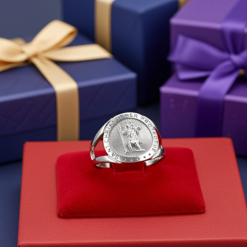 Sterling Silver Saint Christopher Round Medallion Ring