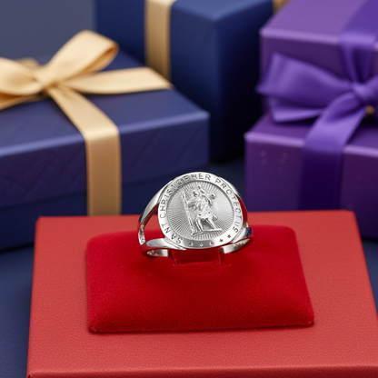 Sterling Silver Saint Christopher Round Medallion Ring