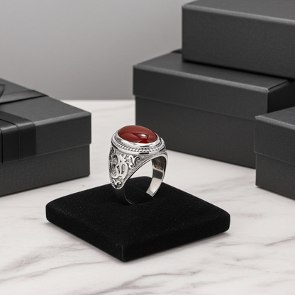 Sterling Silver Om (Aum) Red Onyx Gemstone Statement Ring Karma Blingz