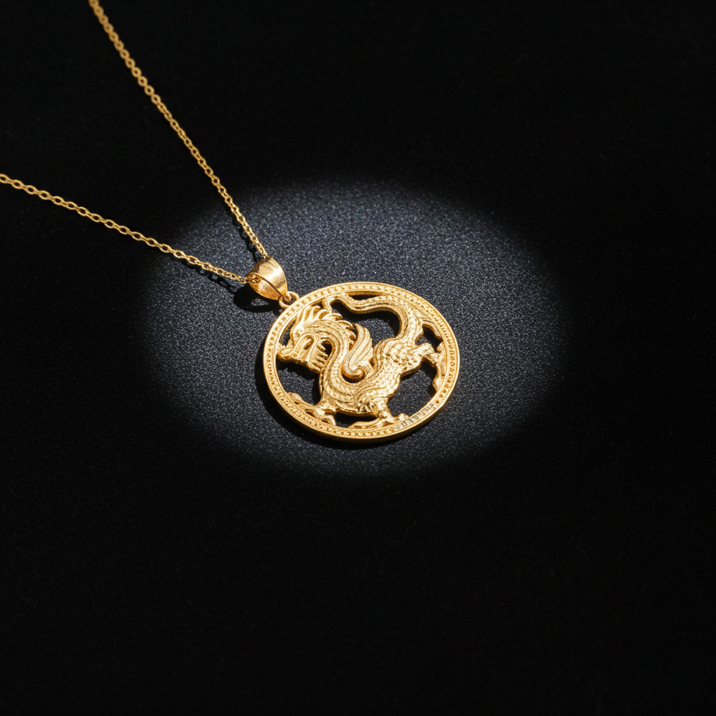 Gold Chinese Dragon Open Round Medallion Pendant Necklace (yellow, white, rose gold, 10k, 14k)