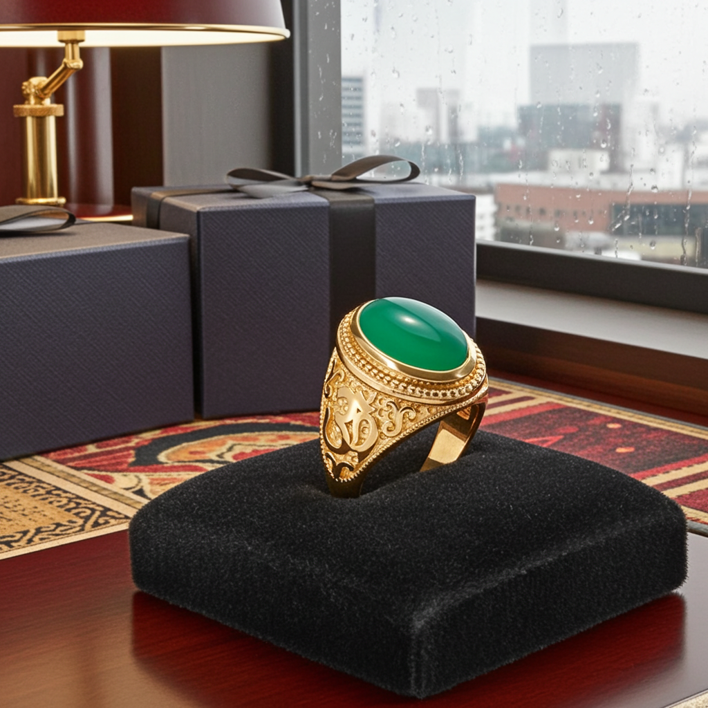 Gold Om Oval Cabochon Green Onyx Gemstone Mens Yoga Ring Karma Blingz