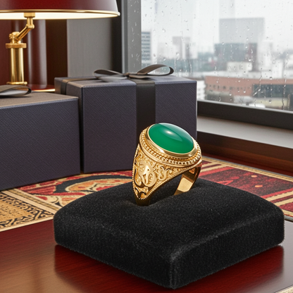 Gold Om Oval Cabochon Green Onyx Gemstone Mens Yoga Ring Karma Blingz