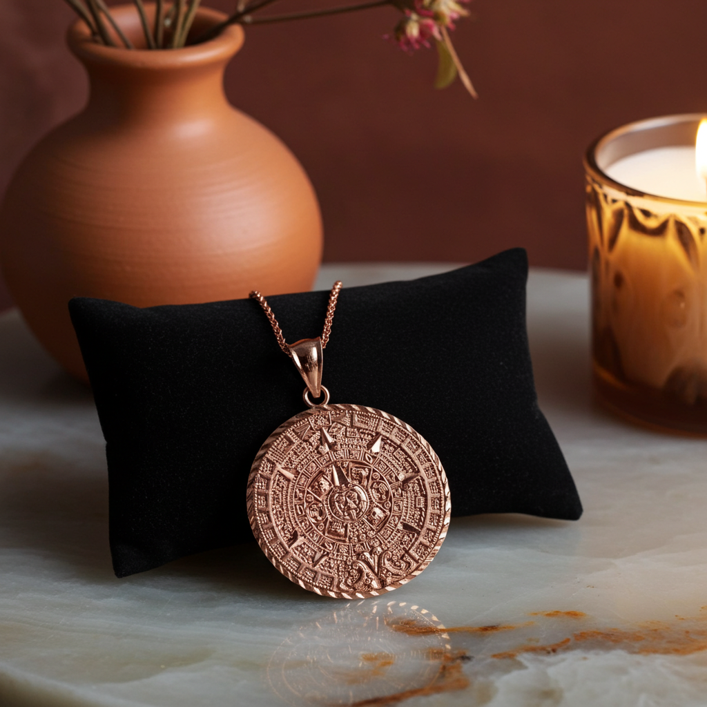 10K Gold Aztec Mayan Sun Calendar Pendant (3 sizes, yellow, white, rose gold)