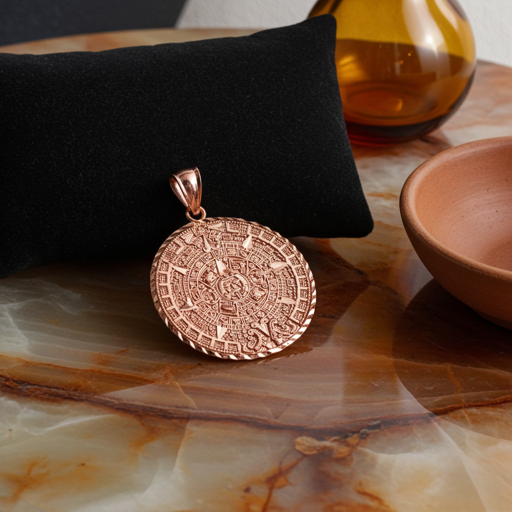 10K Gold Aztec Mayan Sun Calendar Pendant (3 sizes, yellow, white, rose gold)