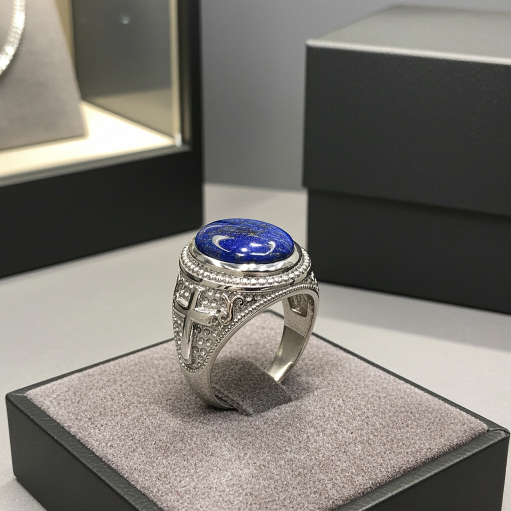Sterling Silver Christian Cross Lapis Lazuli Gemstone Ring