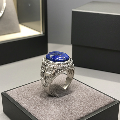 Sterling Silver Christian Cross Lapis Lazuli Gemstone Ring