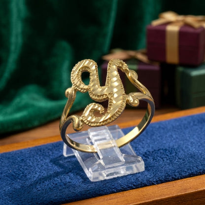 14K Yellow Gold Sparkle-Cut Letter Initial Script Ring