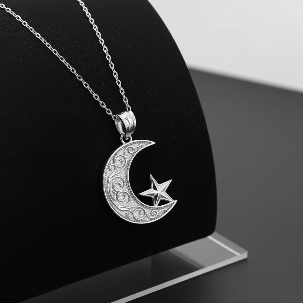 Gold Islamic Crescent Moon Pendant Necklace (yellow, white, rose gold, 10k, 14k)