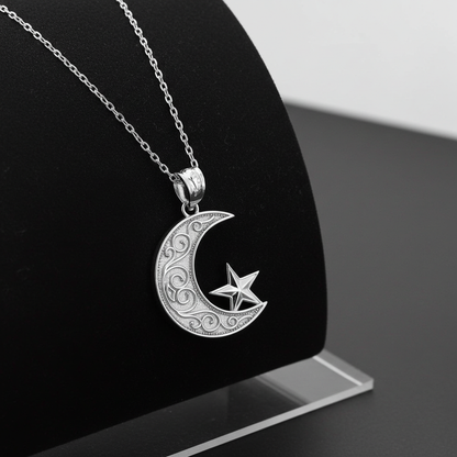 Gold Islamic Crescent Moon Pendant Necklace (yellow, white, rose gold, 10k, 14k)