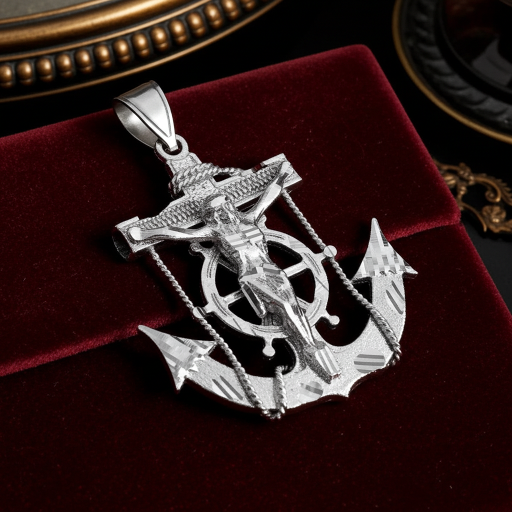 Solid Gold Mariner Anchor Mens Large Crucifix Cross Pendant (yellow, white, rose gold, 10k, 14k)