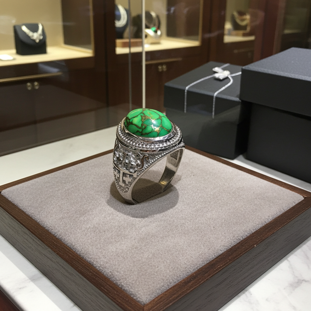 Sterling Silver Jerusalem Cross Green Copper Turquoise Ring