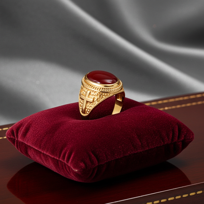 Solid Gold Christian Cross Red Onyx Ring Oval Cabochon Gemstone Unisex Statement Ring