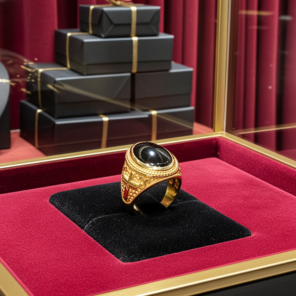 Gold Black Onyx Christian Cross Gemstone Ring