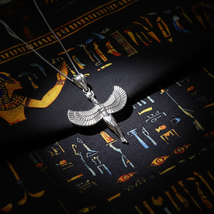 Egyptian Isis Standing Winged Goddess Gold Pendant Necklace