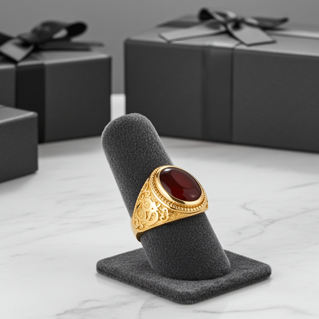 Gold Om Oval Cabochon Red Onyx Yoga Ring Karma Blingz