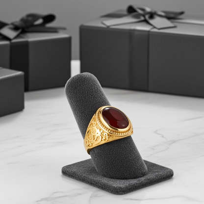 Gold Om Oval Cabochon Red Onyx Yoga Ring Karma Blingz