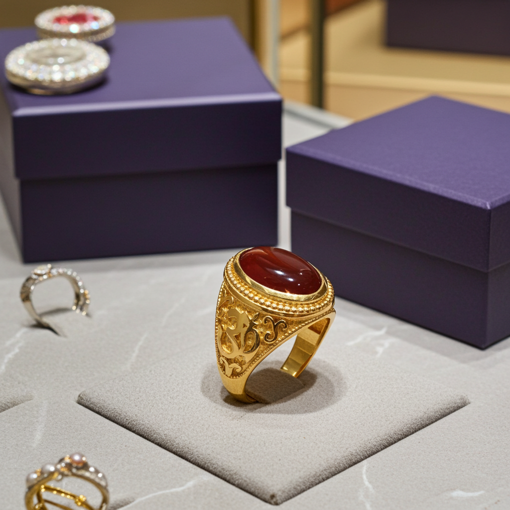 Gold Om Oval Cabochon Red Onyx Yoga Ring Karma Blingz