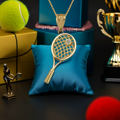 Yellow Gold Tennis Racket Pendant Diamond Charm Necklace for Women