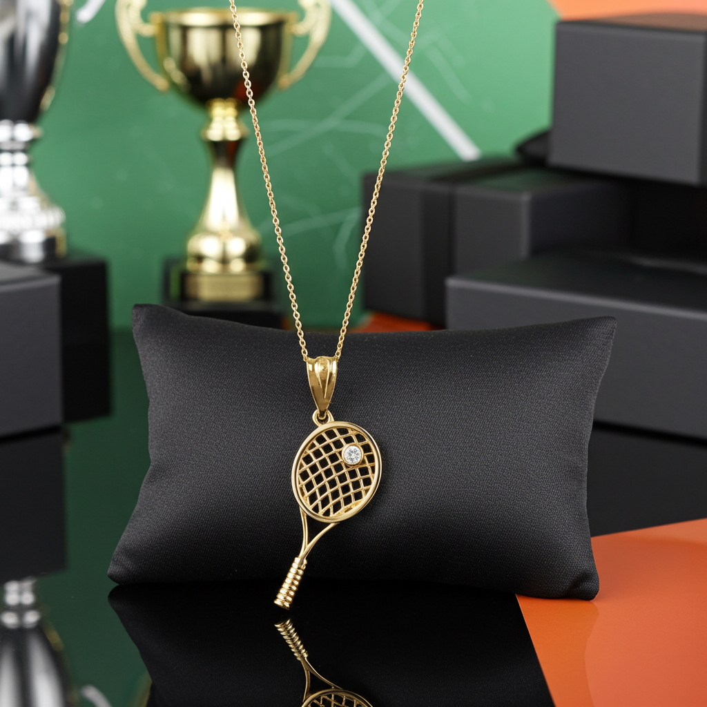Yellow Gold Tennis Racket Pendant Diamond Charm Necklace for Women