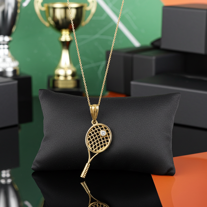 Yellow Gold Tennis Racket Pendant Diamond Charm Necklace for Women