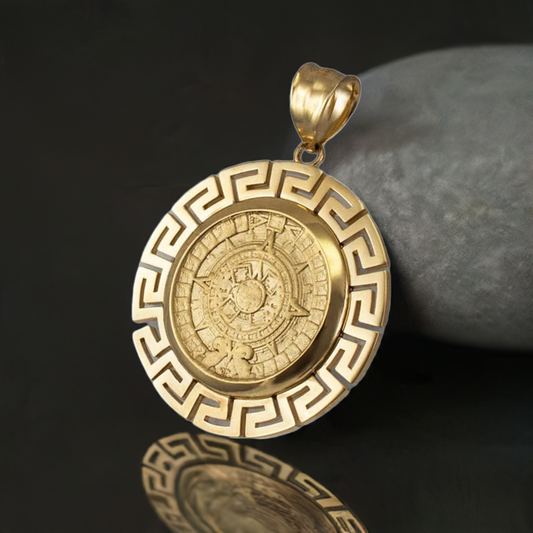 Gold Aztec Bezel Mayan Sun Calendar Pendant (yellow, white, rose gold, 14k, 10k)