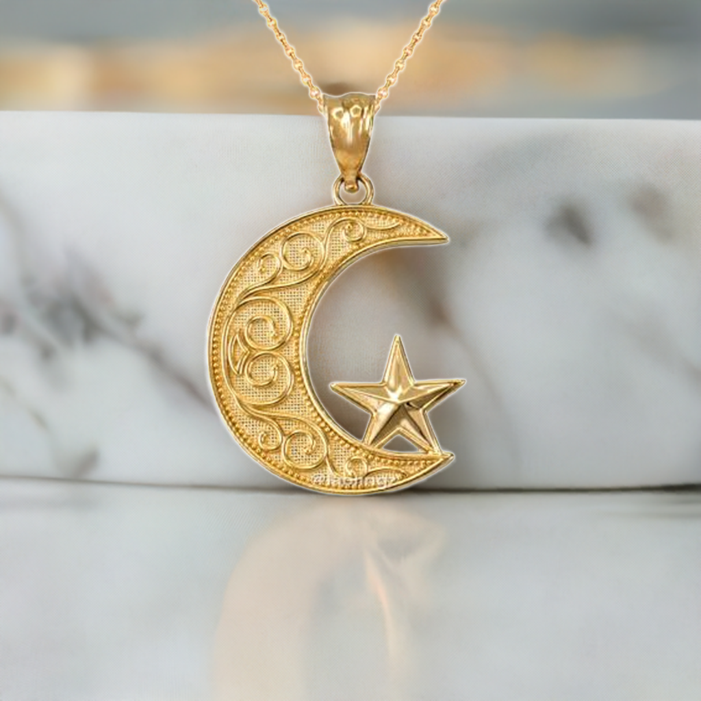 Gold Islamic Crescent Moon Pendant Necklace (yellow, white, rose gold, 10k, 14k)