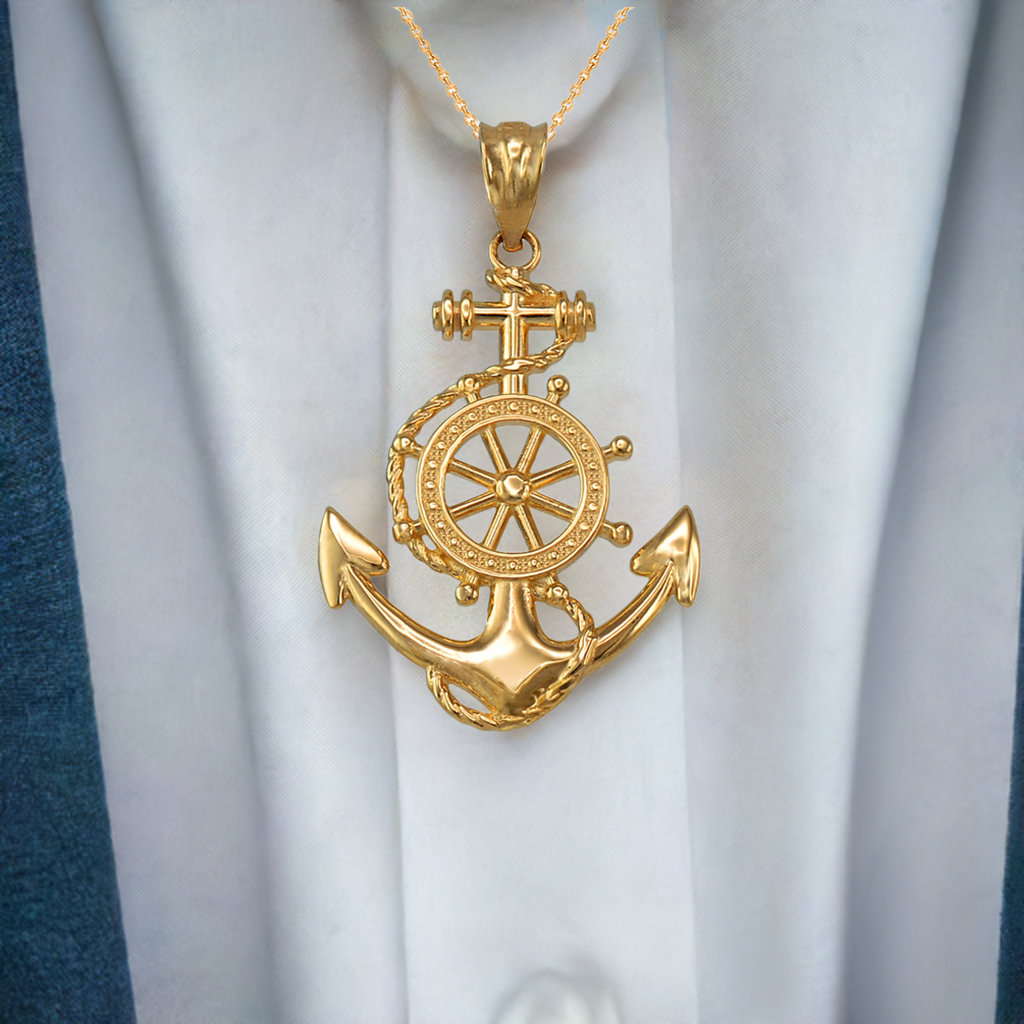 Gold Nautical Marine Anchor Pendant Necklace (yellow, white, rose gold, 10K, 14K)