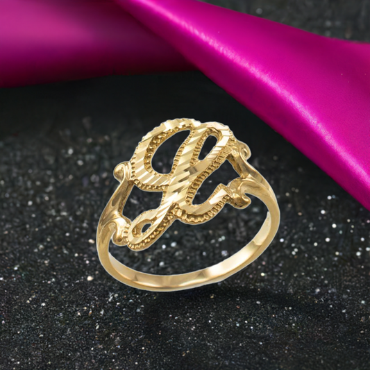 10K Yellow Gold Sparkle-Cut Letter Initial Script Ring