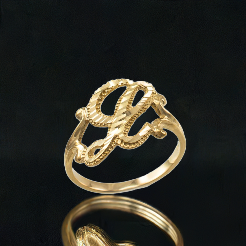 14K Yellow Gold Sparkle-Cut Letter Initial Script Ring