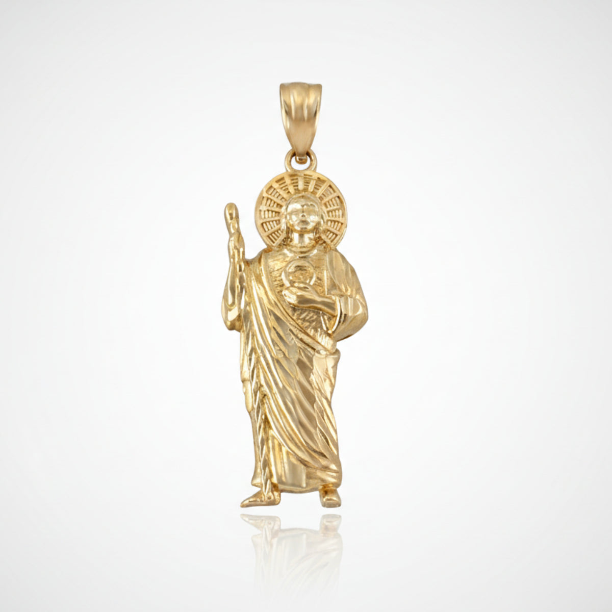 A gold sparkle-cut pendant necklace featuring St. Jude holding the Sacred Heart of Jesus.