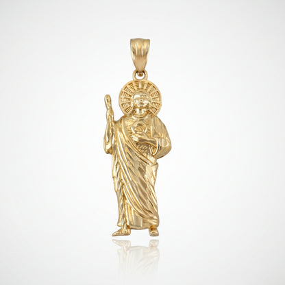 A gold sparkle-cut pendant necklace featuring St. Jude holding the Sacred Heart of Jesus.