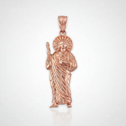 Rose gold sparkle-cut pendant necklace featuring St. Jude holding the Sacred Heart of Jesus.
