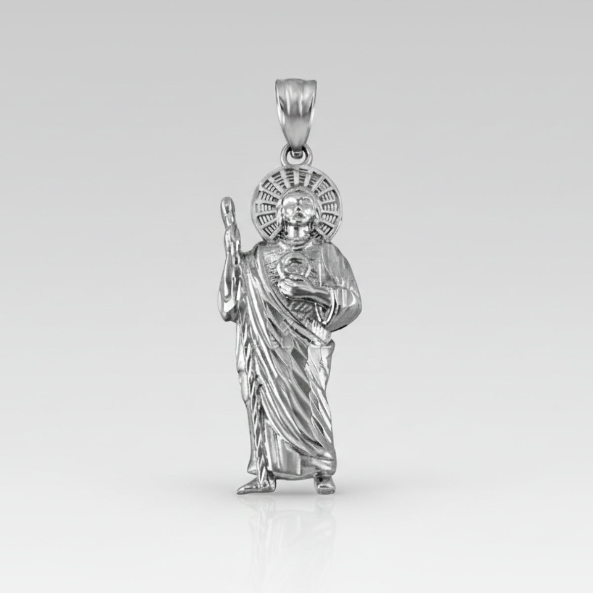 Silver sparkle-cut pendant necklace featuring St. Jude holding the Sacred Heart of Jesus.