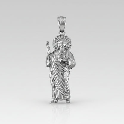 Silver sparkle-cut pendant necklace featuring St. Jude holding the Sacred Heart of Jesus.