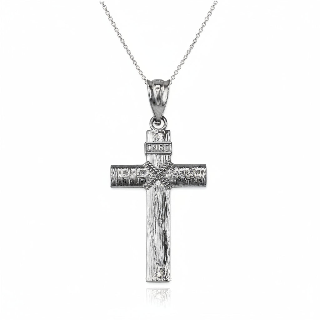 Rustic Wood Cross Pendant Necklace, 10K 14K Gold INRI Christian Cross