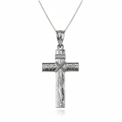 Rustic Wood Cross Pendant Necklace, 10K 14K Gold INRI Christian Cross