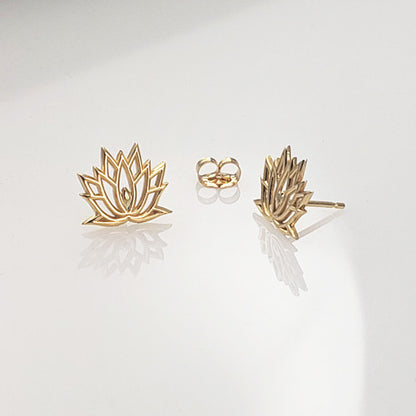 Gold Lotus Flower Yoga Post Earrings 14K Yellow Gold | Karma Blingz