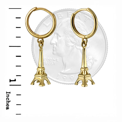 14K Yellow Gold Paris Eiffel Tower 3D Dangle Hoop Earrings