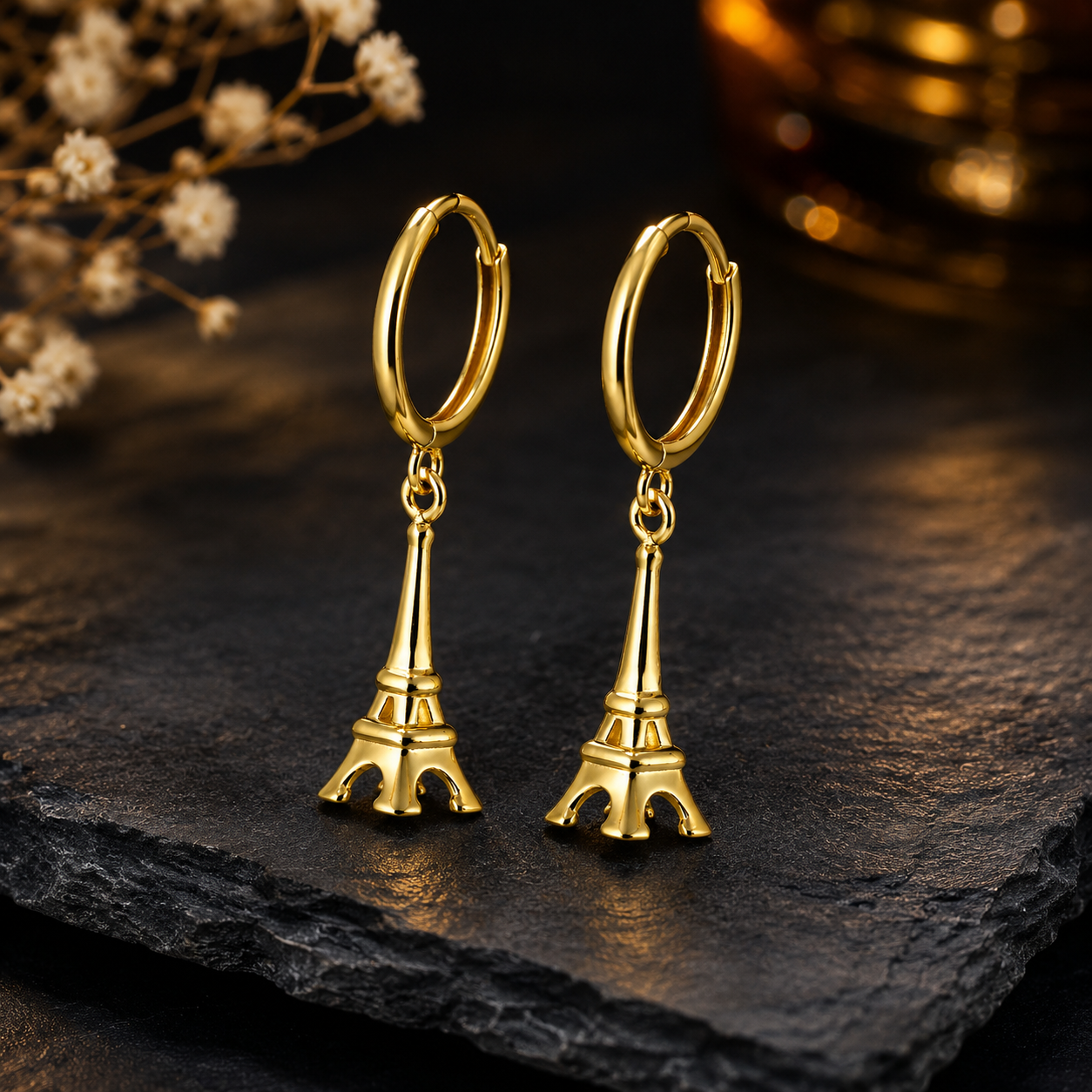 14K Yellow Gold Paris Eiffel Tower 3D Dangle Hoop Earrings