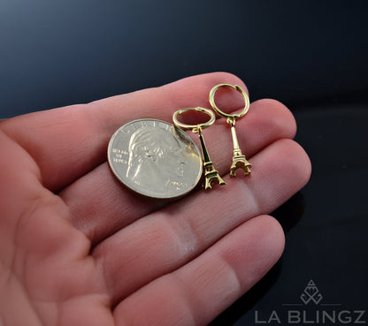 14K Yellow Gold Paris Eiffel Tower 3D Dangle Hoop Earrings