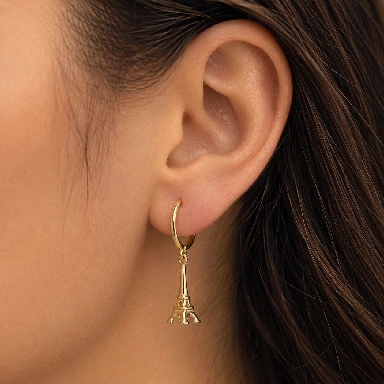 14K Yellow Gold Paris Eiffel Tower 3D Dangle Hoop Earrings