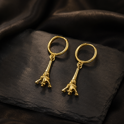 14K Yellow Gold Paris Eiffel Tower 3D Dangle Hoop Earrings