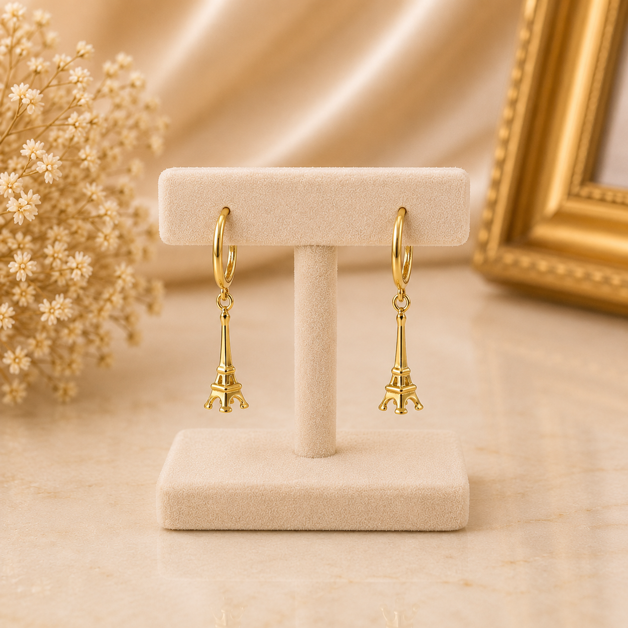 3D Eiffel Tower Gold Dangle Earrings Detail | Karma Blingz