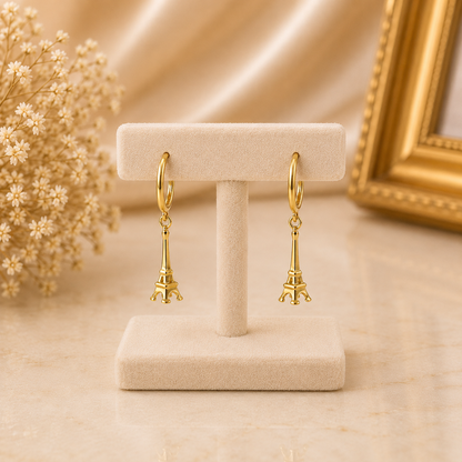 3D Eiffel Tower Gold Dangle Earrings Detail | Karma Blingz