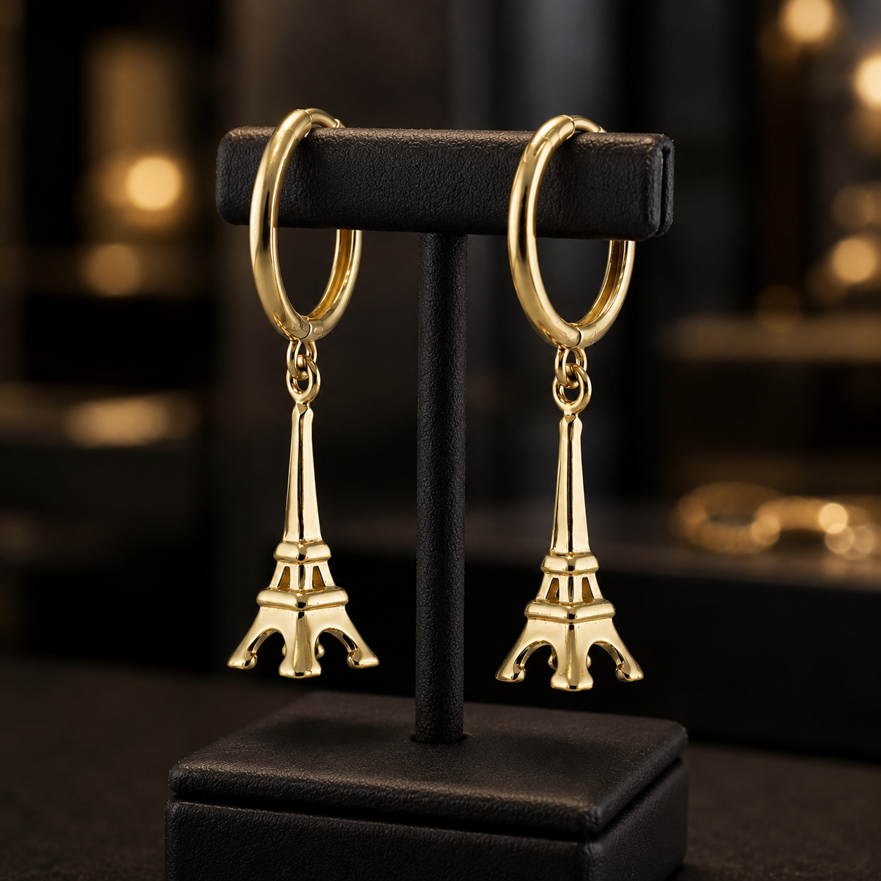 14K Yellow Gold Paris Eiffel Tower 3D Dangle Hoop Earrings