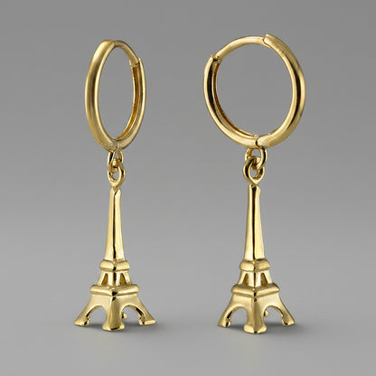 14K Yellow Gold Paris Eiffel Tower 3D Dangle Hoop Earrings | Karma Blingz
