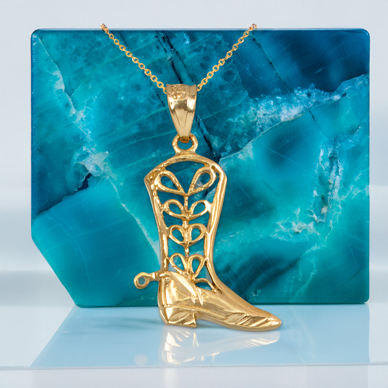 Gold Filigree Cowboy Boot Pendant Necklace (10K, 14K, yellow, white, rose gold)